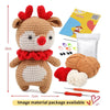 A brown crochet deer toy with red ears and a matching set of yarn and tools for making the animal.
