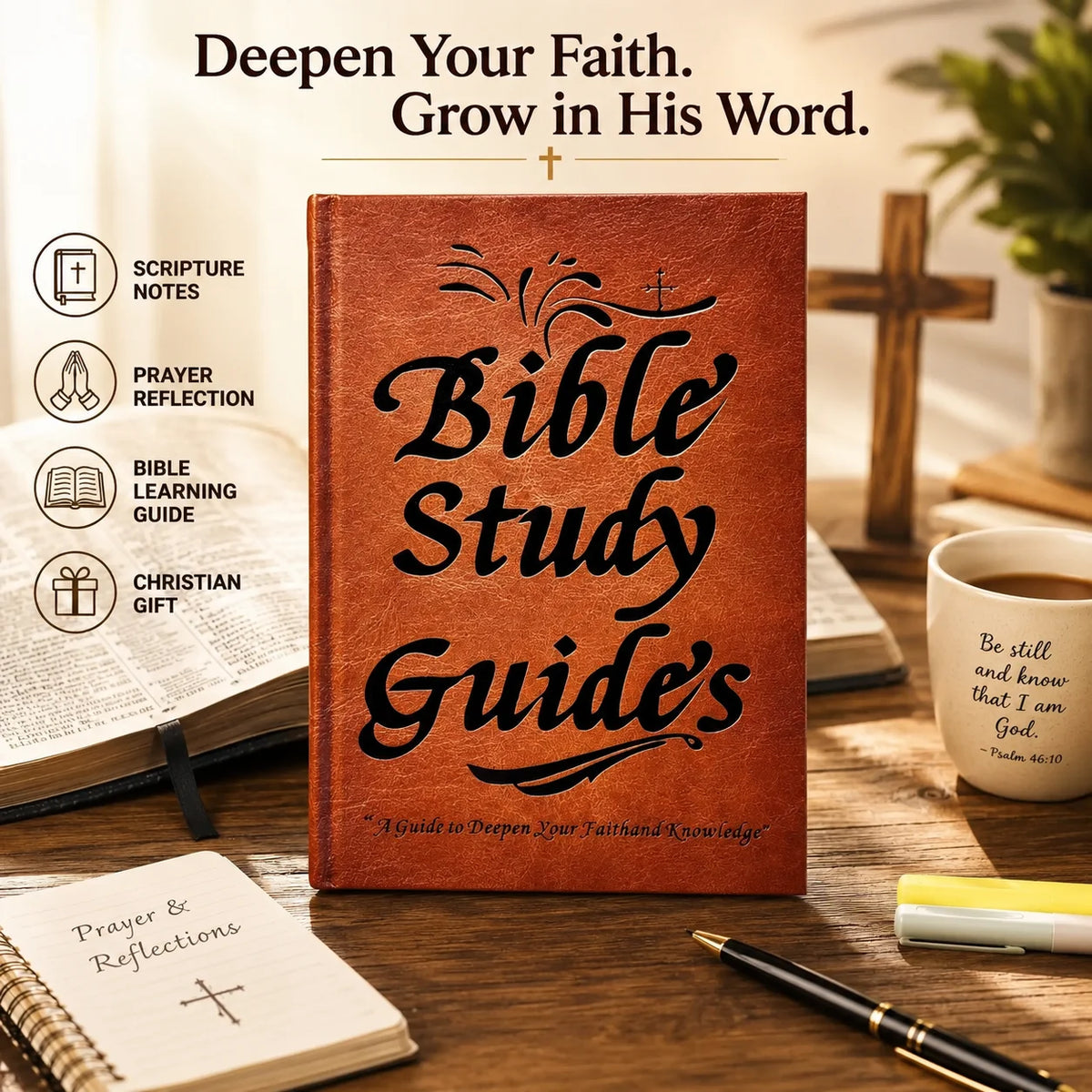 A leather-bound Bible Study Guide book with a cross on the cover, surrounded by related study materials and a wooden cross.