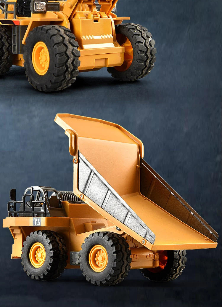 A detailed orange construction vehicle set featuring an excavator, bulldozer, and dump truck models.