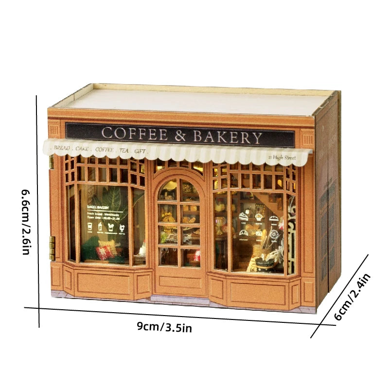 A wooden mini seaside villa dollhouse kit featuring a storefront with glass windows and an awning.