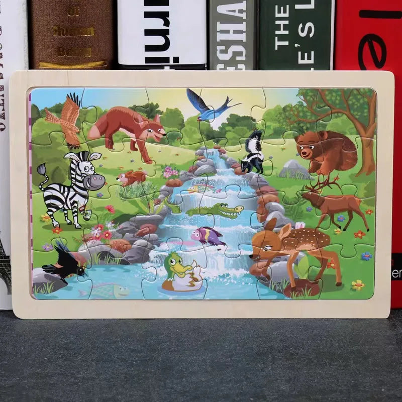 A 24-piece wooden jigsaw puzzle featuring various woodland animals like a deer, fox, birds, and other creatures.