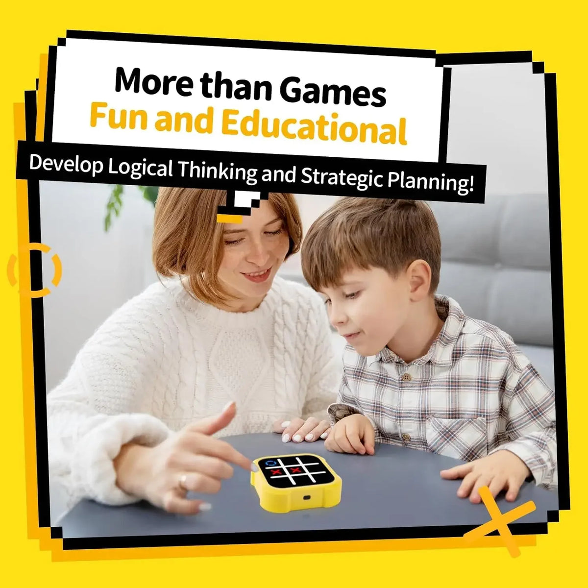 A woman and a boy are playing a portable tic tac toe game on a table.