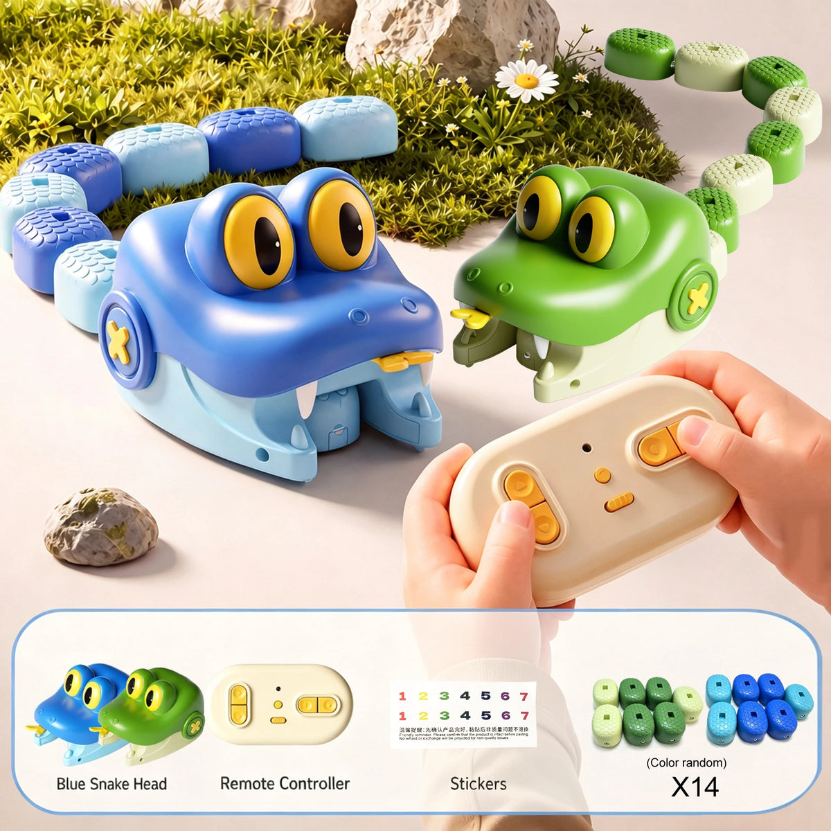 A hand holds a beige remote controller and several magnetic snake toys in various colors on a light surface.