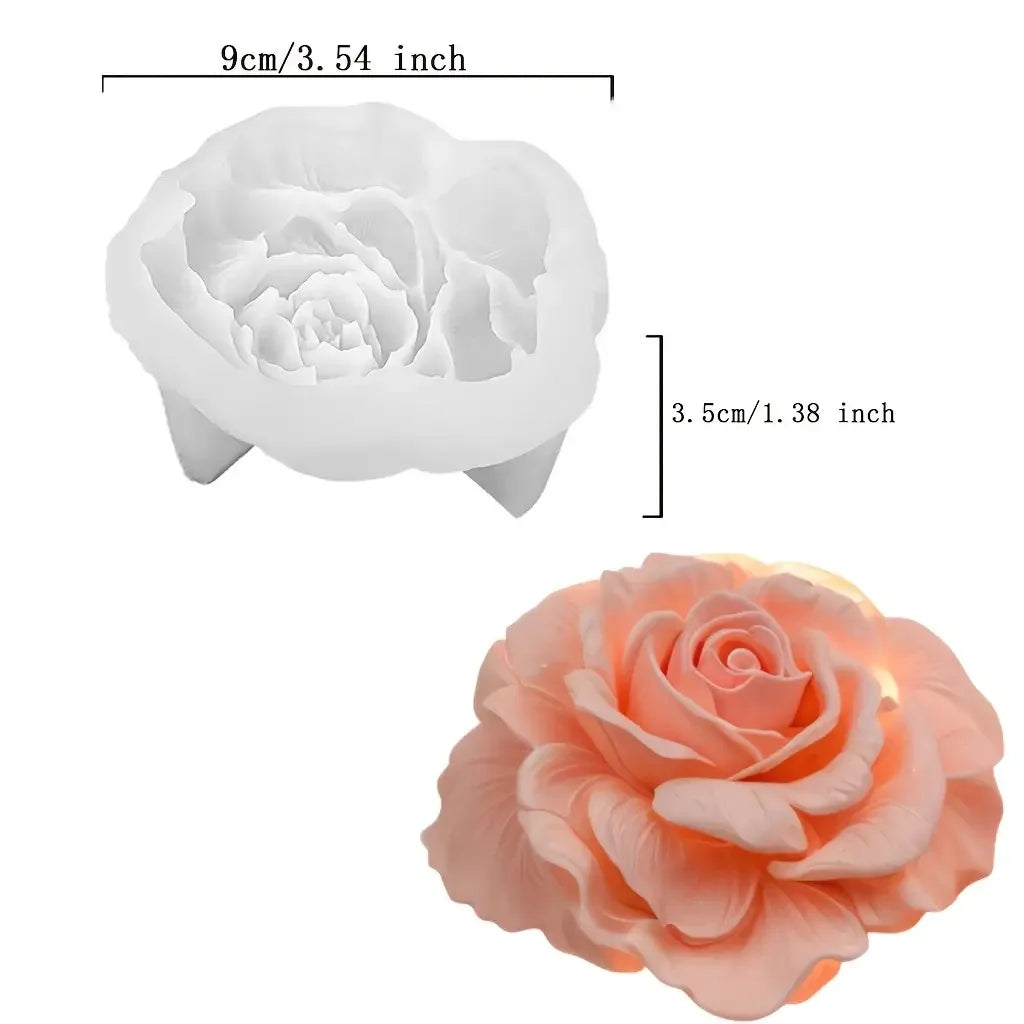 Moule à bougie en silicone blanc, forme de rose à couches, avec mesures fournies.