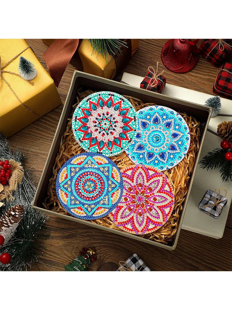 Mandala Floral Diamond Art Coaster Set with Stand