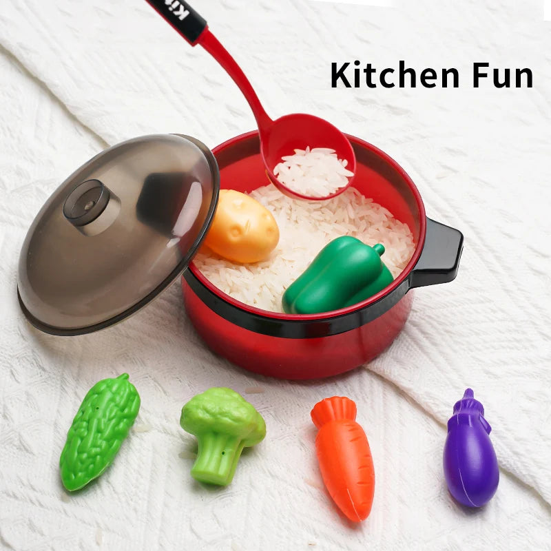 A red cooking pot filled with rice and vegetables, featuring a red spoon and green food items.