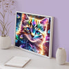 A framed painting of a cat's face with iridescent, fantasy colors and sparkling light effects.