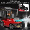 A red forklift truck is shown spraying a mist with a tail spray device.