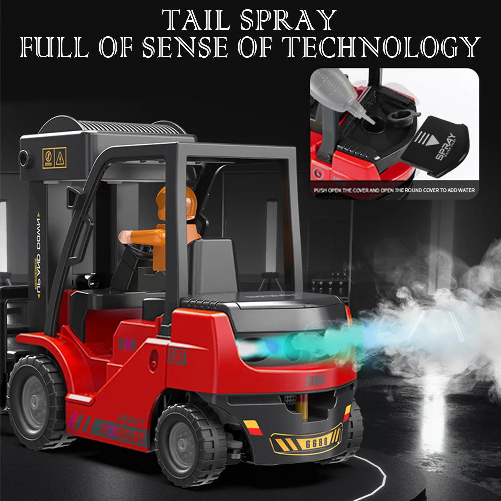 A red forklift truck is shown spraying a mist with a tail spray device.