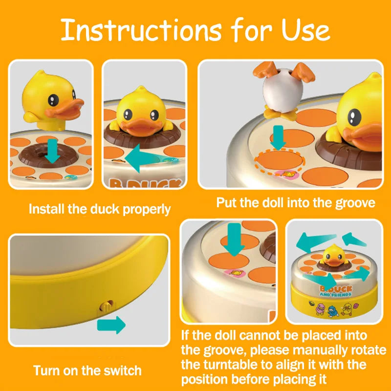 Instructions for using a duck doll reflex training toy showing installation and operation steps