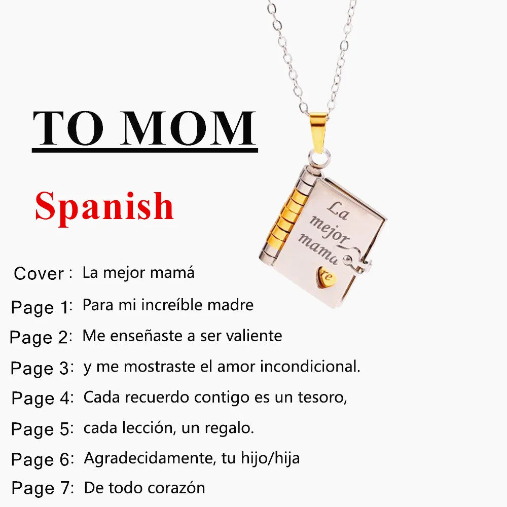 A silver necklace with a pendant engraved with Spanish words for mother and love.