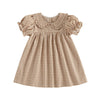A plaid A-line dress for a toddler girl featuring a Peter Pan collar and puffed sleeves.