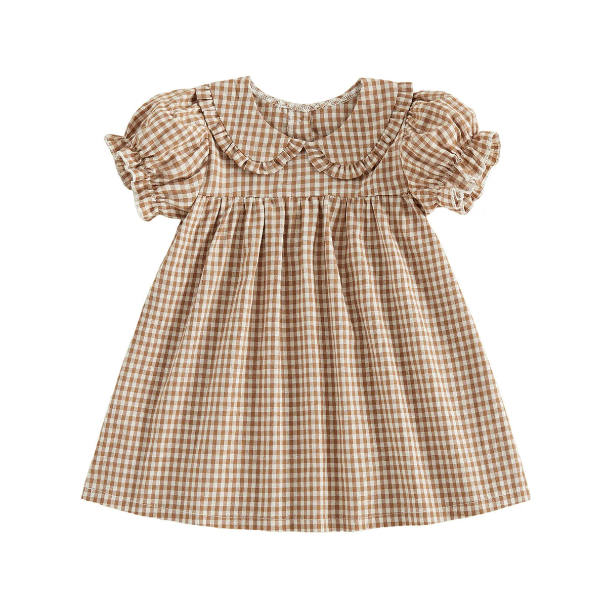 A plaid A-line dress for a toddler girl featuring a Peter Pan collar and puffed sleeves.