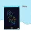 A blue LCD drawing tablet displaying a neon outline of a rocket taking off against a dark background.
