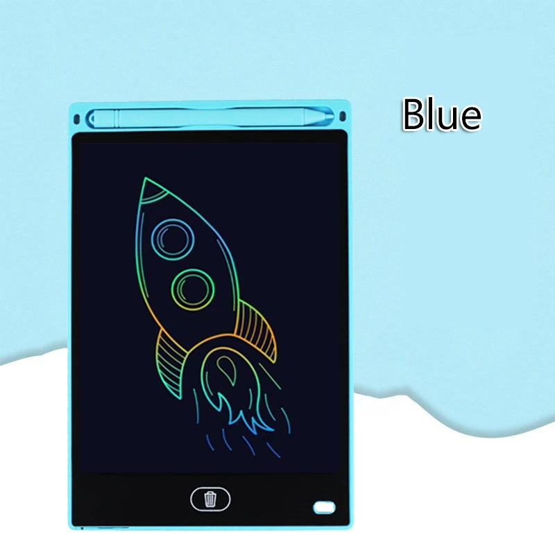 A blue LCD drawing tablet displaying a neon outline of a rocket taking off against a dark background.