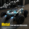 A blue and white RC monster truck featuring metal front and rear differentials with bright LED lights.