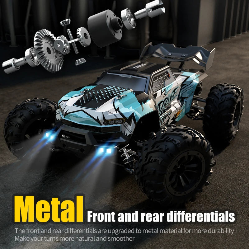 A blue and white RC monster truck featuring metal front and rear differentials with bright LED lights.