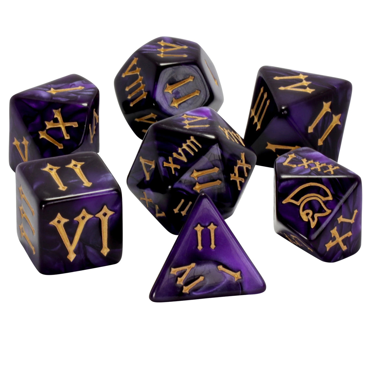 A set of seven purple polyhedral dice featuring Roman numerals and gold accents for tabletop role-playing games