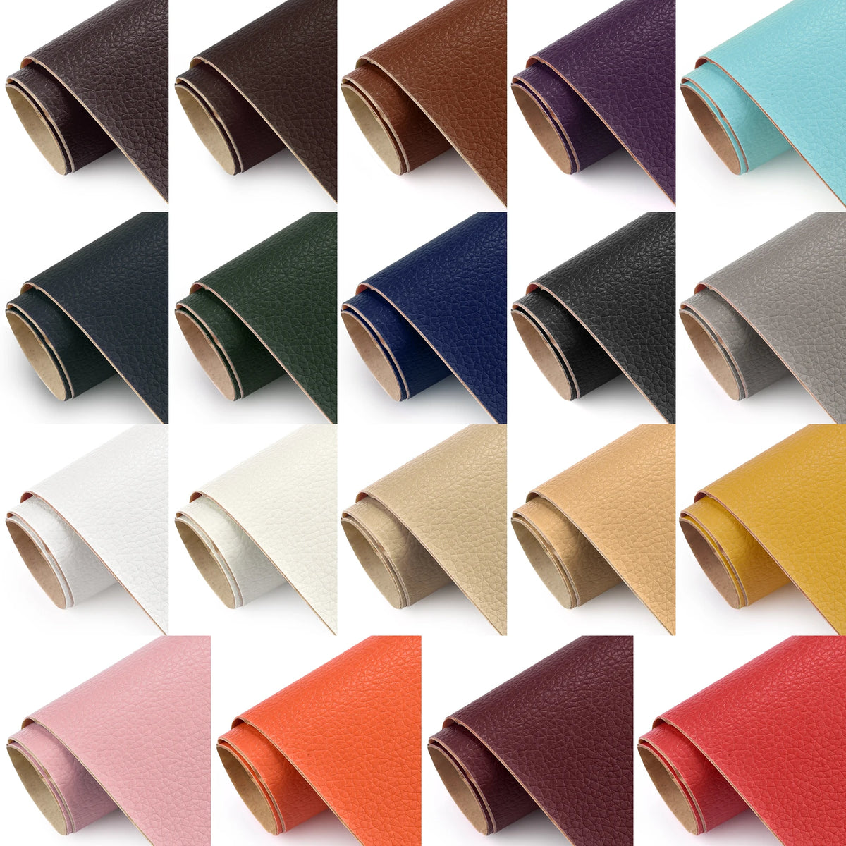 A collection of self-adhesive PU leather repair patches in various colors and shades, shown folded for product display.
