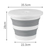 A white collapsible bucket with a lid shown in various gray and white stripes.