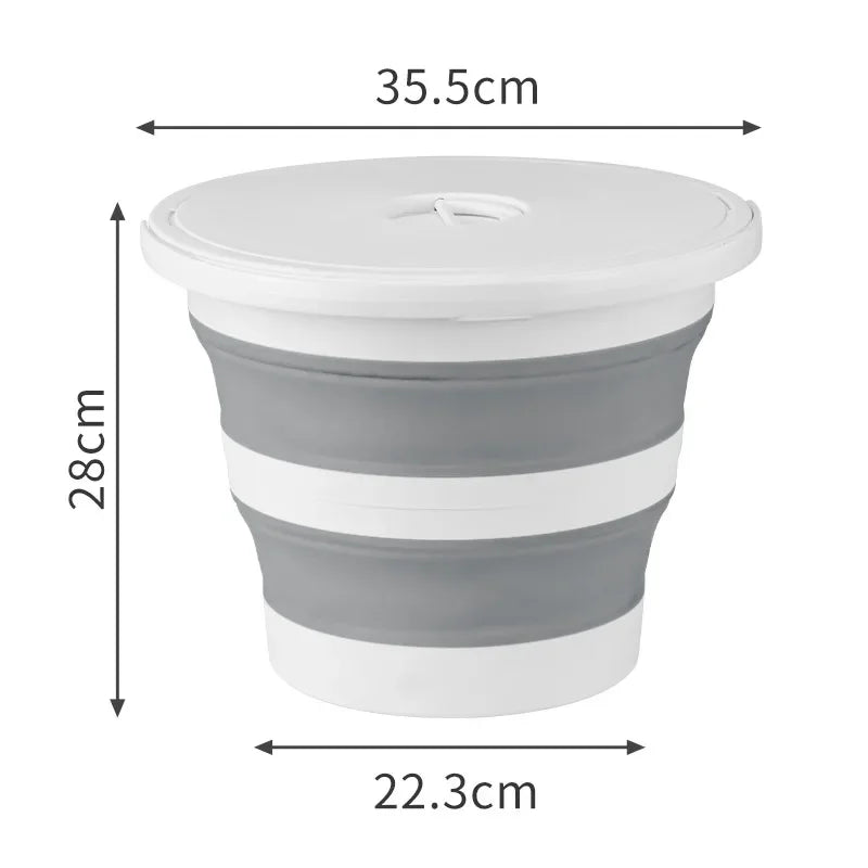 A white collapsible bucket with a lid shown in various gray and white stripes.