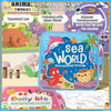 A collection of three water painting books for children titled Sea World, Daily Life, and another untitled book.