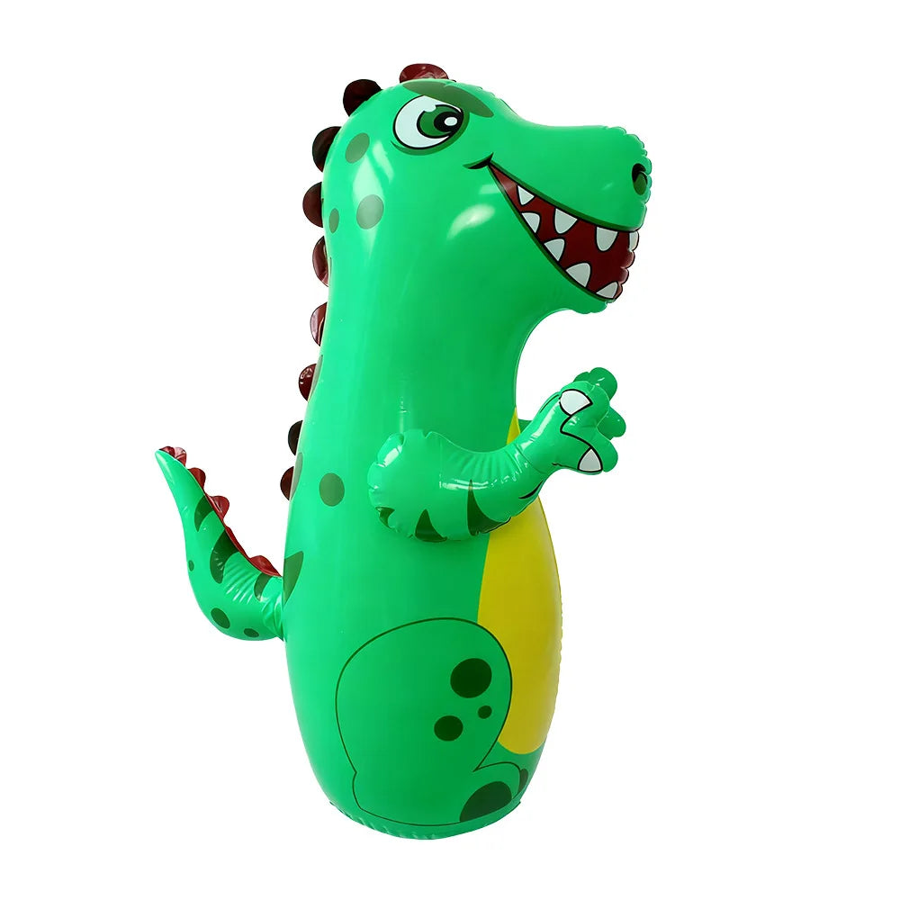 A bright green inflatable dinosaur punching bag for kids with large eyes and a smiling expression.