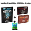 A set of Imploding Kittens, Exploding Kittens, and Streaking Kittens card games.