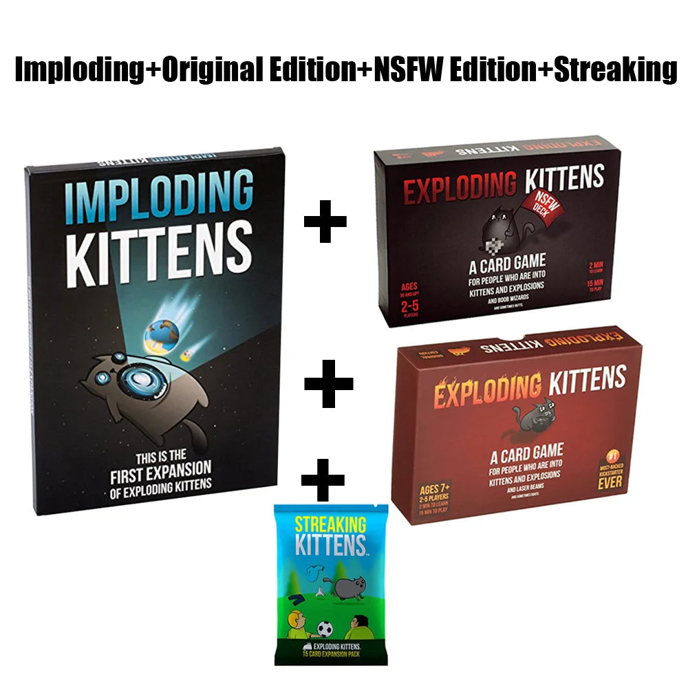 A set of Imploding Kittens, Exploding Kittens, and Streaking Kittens card games.