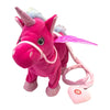 A pink musical walking unicorn plush toy with a sparkly horn and fluffy mane.