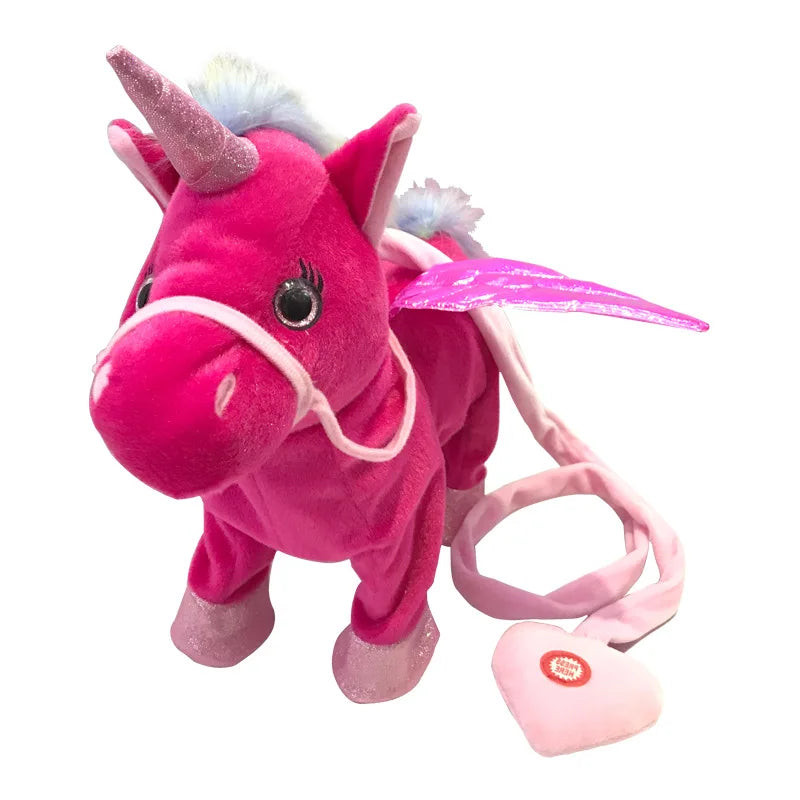A pink musical walking unicorn plush toy with a sparkly horn and fluffy mane.