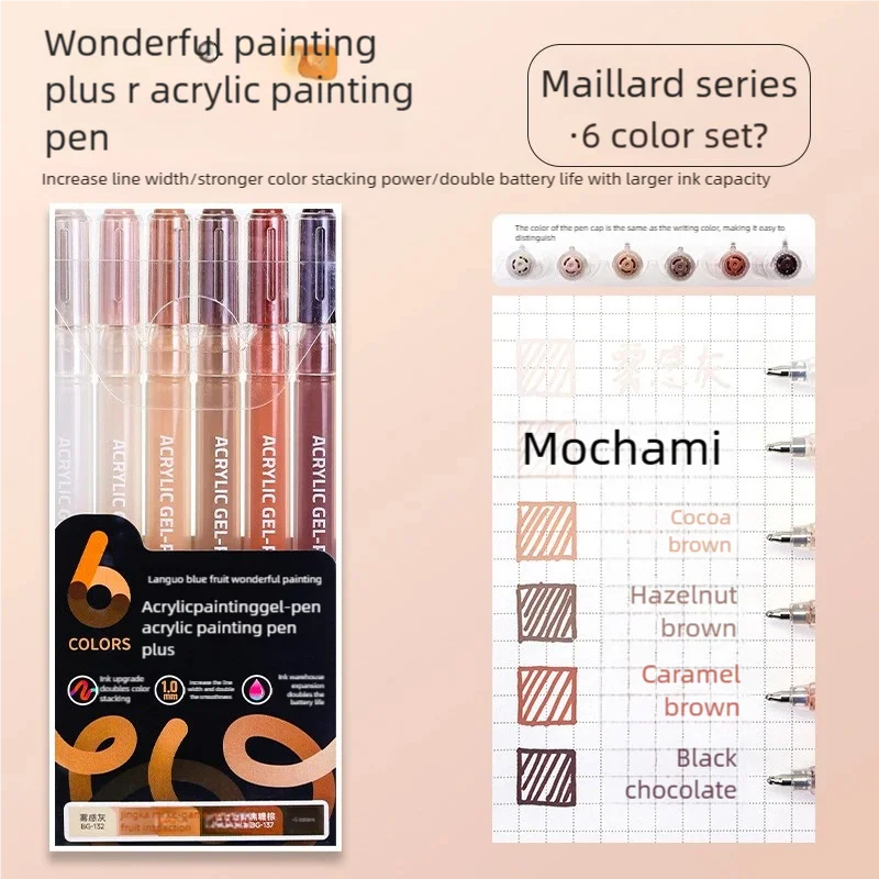 A set of six colorful acrylic gel pens in various shades including blue, pink, and brown for painting and lettering.