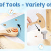 A variety of wooden tools and playing items used in a kids workbench activity.