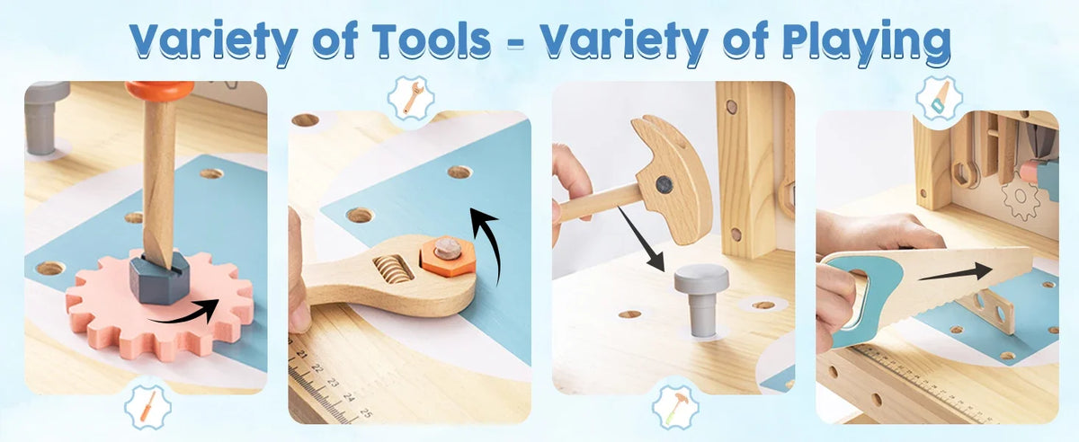 A variety of wooden tools and playing items used in a kids workbench activity.