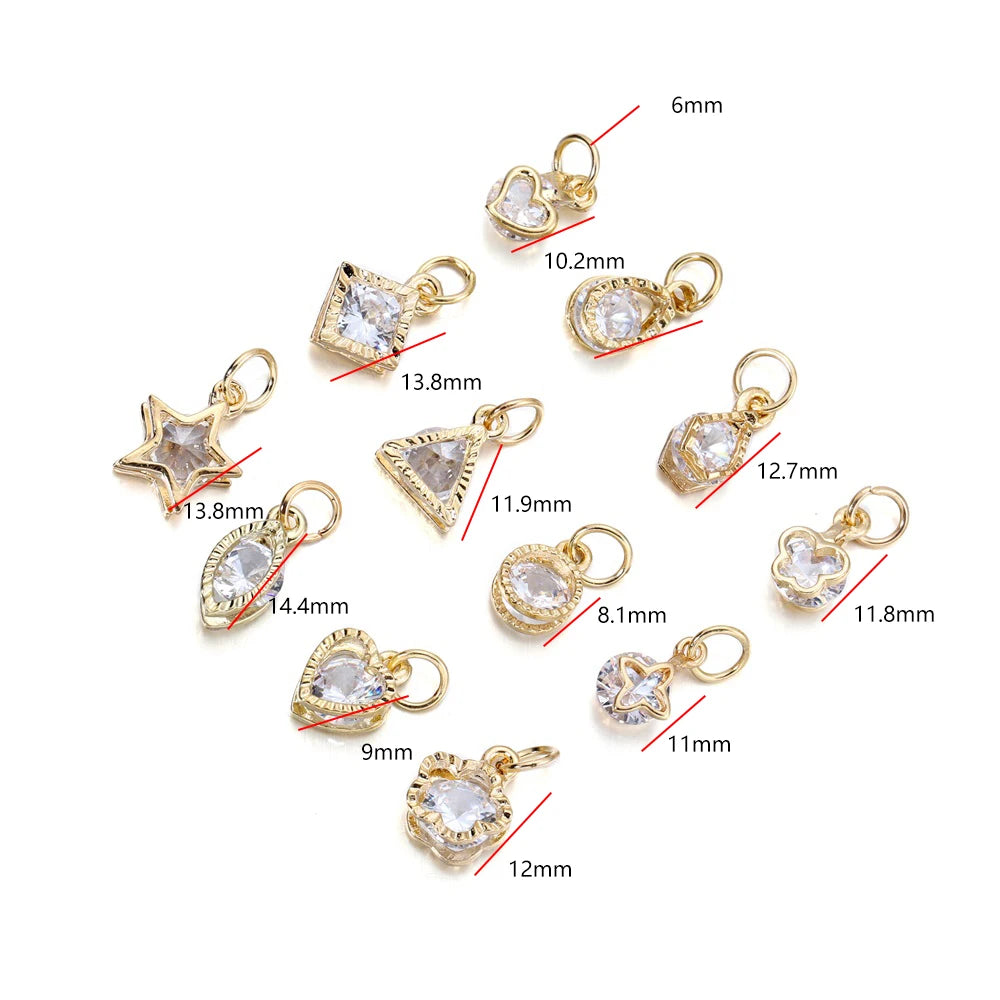 A collection of gold or silver rhinestone heart charms and star charms with various sizes shown against a white background.
