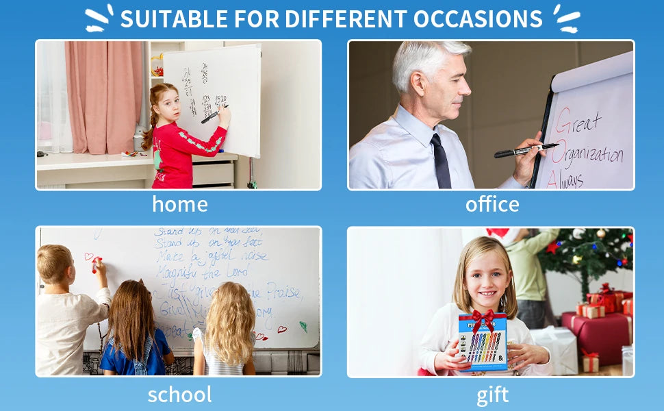 Image showing 8-color dry erase markers used in various contexts: home, office, school, and gift.