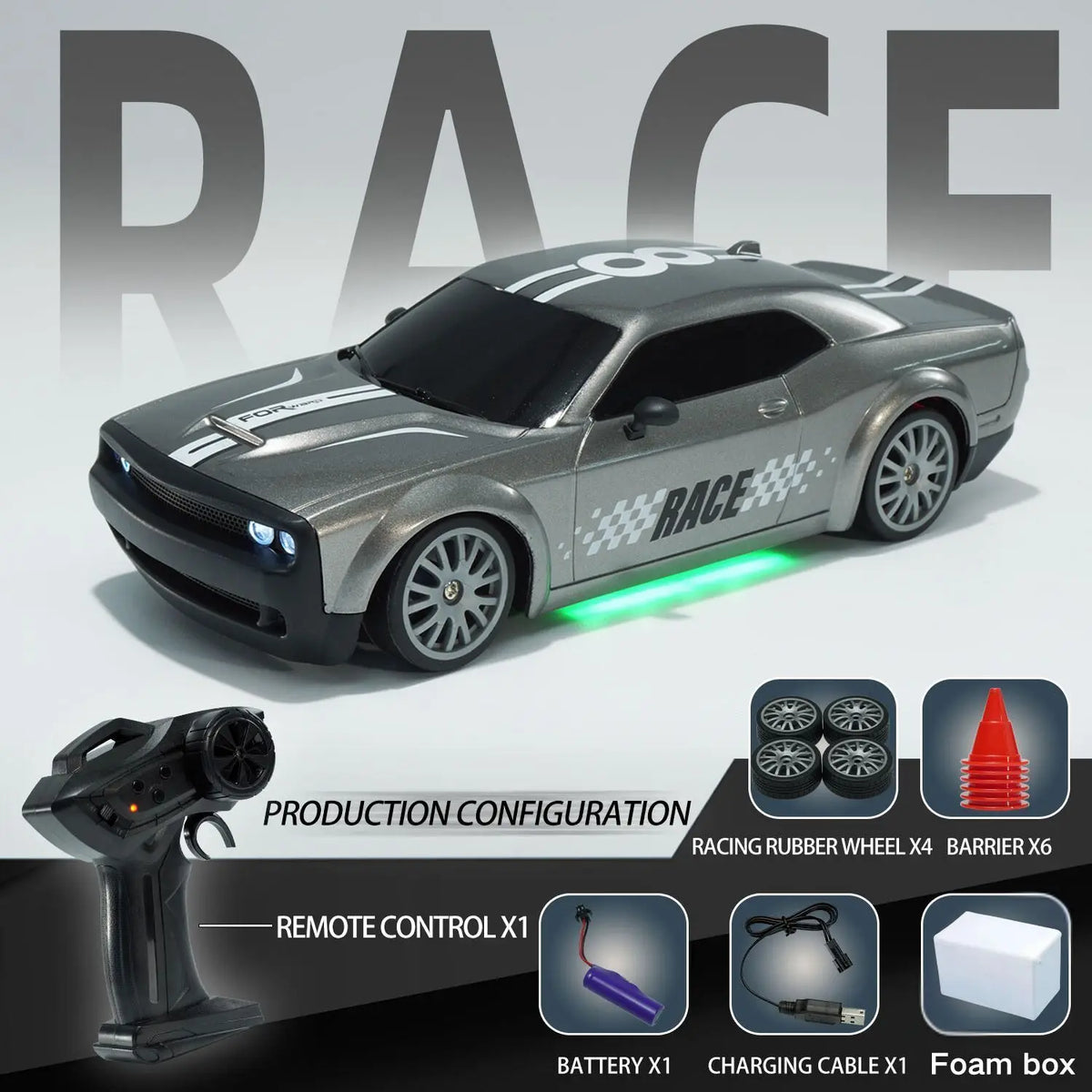 A gray high-speed 4WD drift RC race car model with accessories like a remote control, battery, charging cable, and foam box.