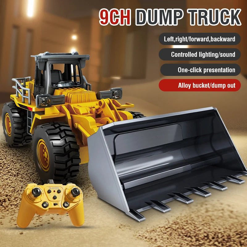A yellow dump truck remote control vehicle with a silver bucket and dump tray is shown on a textured surface.