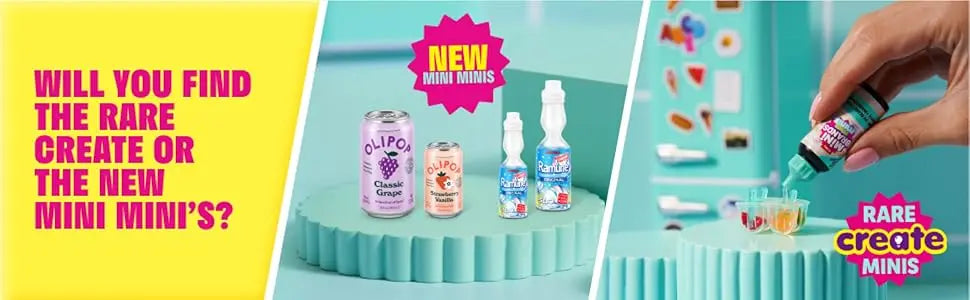 A hand is squeezing a small bottle of liquid into a clear container, with Mini Brands products visible in the background.
