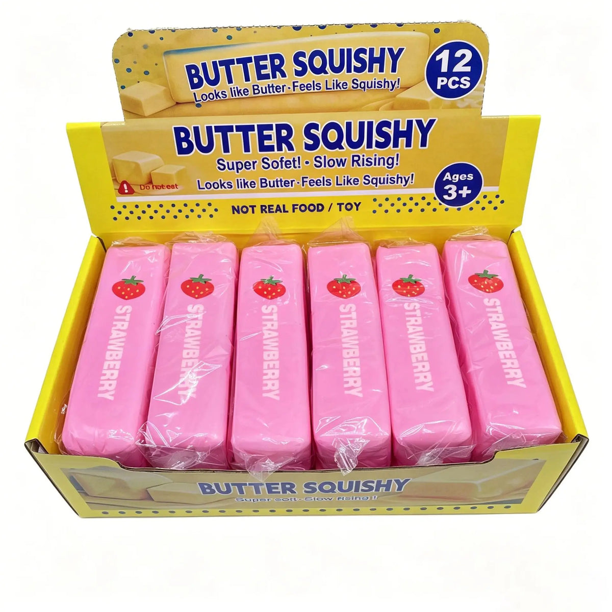 A box of 12 pink butter squishy toys shaped like strawberries for stress relief