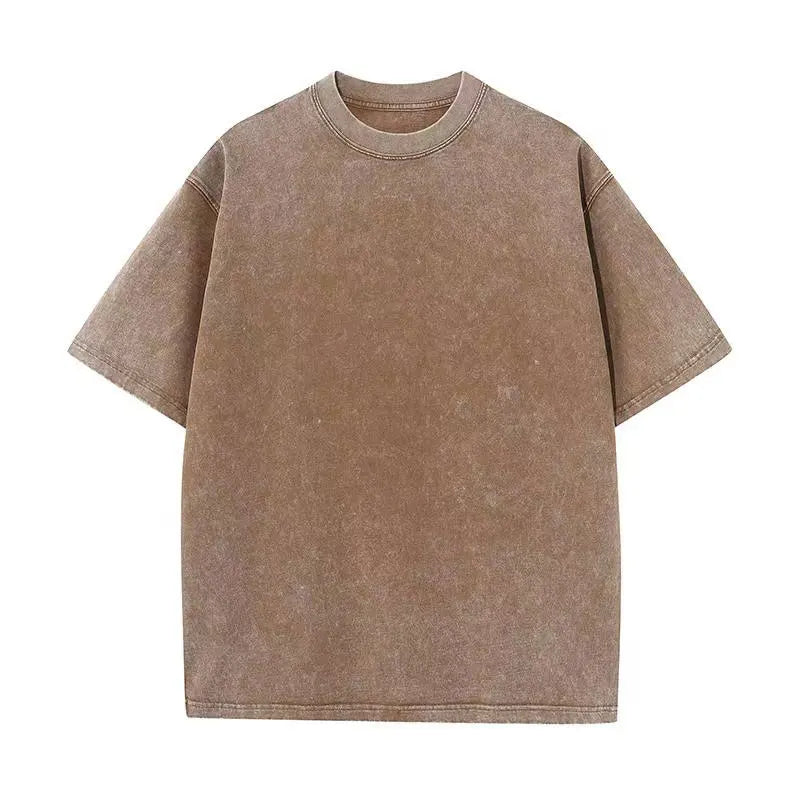 A plain, oversized brown t-shirt with a crew neck and short sleeves.
