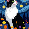 A black and white cat with green eyes is depicted against a starry night sky with a yellow moon.