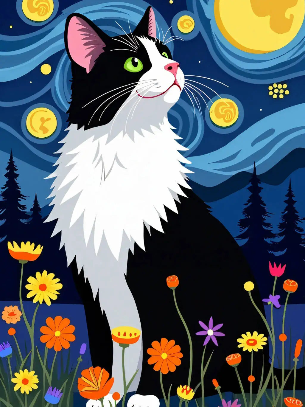 A black and white cat with green eyes is depicted against a starry night sky with a yellow moon.