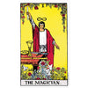 A tarot card illustration titled The Magician showing a figure holding a staff and various tools on a table.