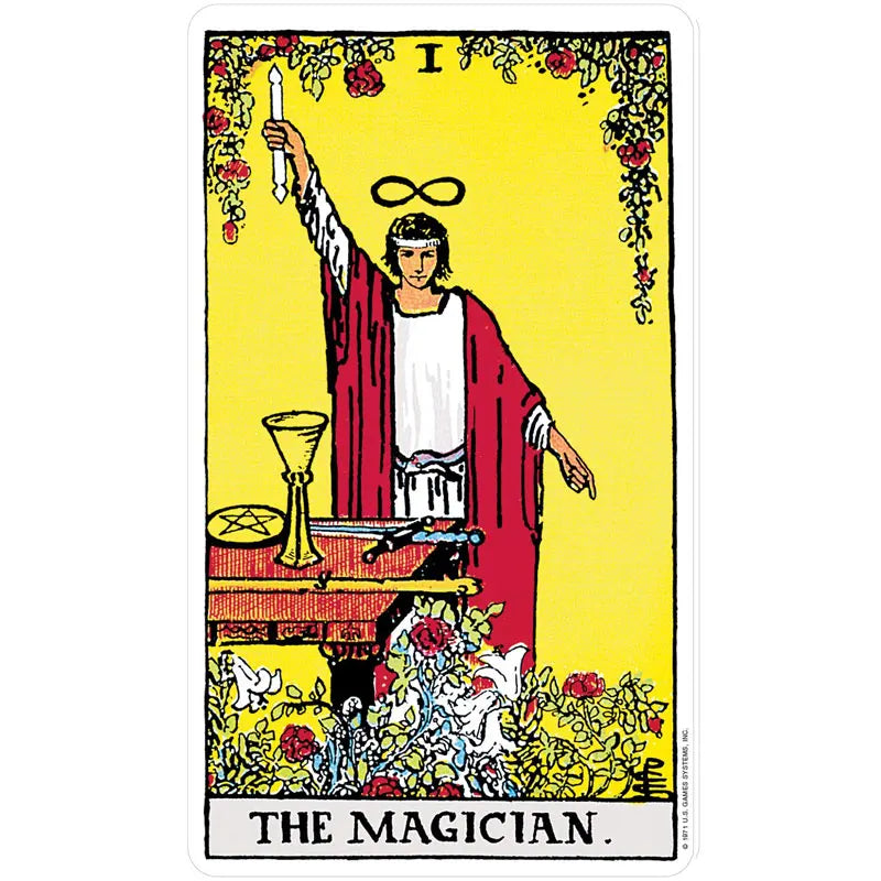 A tarot card illustration titled The Magician showing a figure holding a staff and various tools on a table.