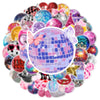 A colorful collection of disco and graffiti-themed stickers featuring glitter, sequins, and various patterns.