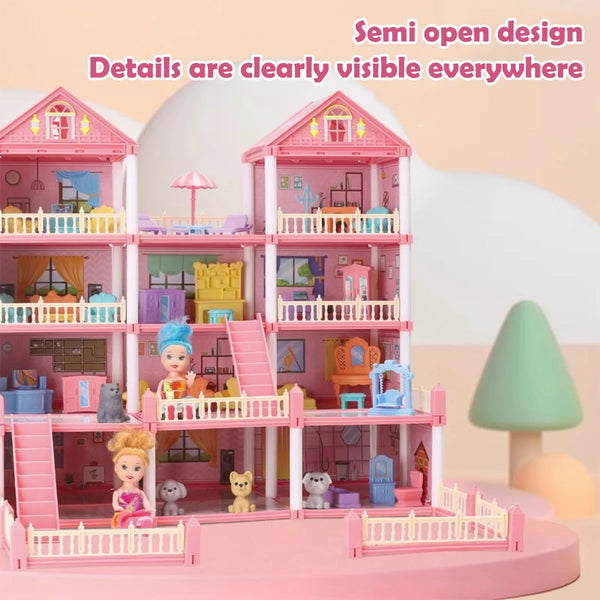 Pink semi open design dollhouse playset featuring a multi-story castle with detailed furniture and figures