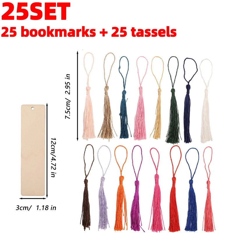 A set of 25 wooden bookmarks with tassels in various colors and shades.
