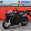 A black Suzuki GSX-R1000 Easy Rider die-cast motorcycle model in 1:18 scale.