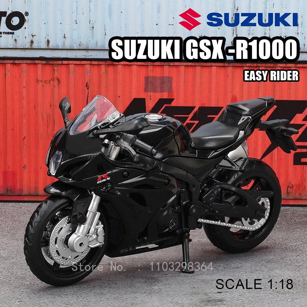 A black Suzuki GSX-R1000 Easy Rider die-cast motorcycle model in 1:18 scale.